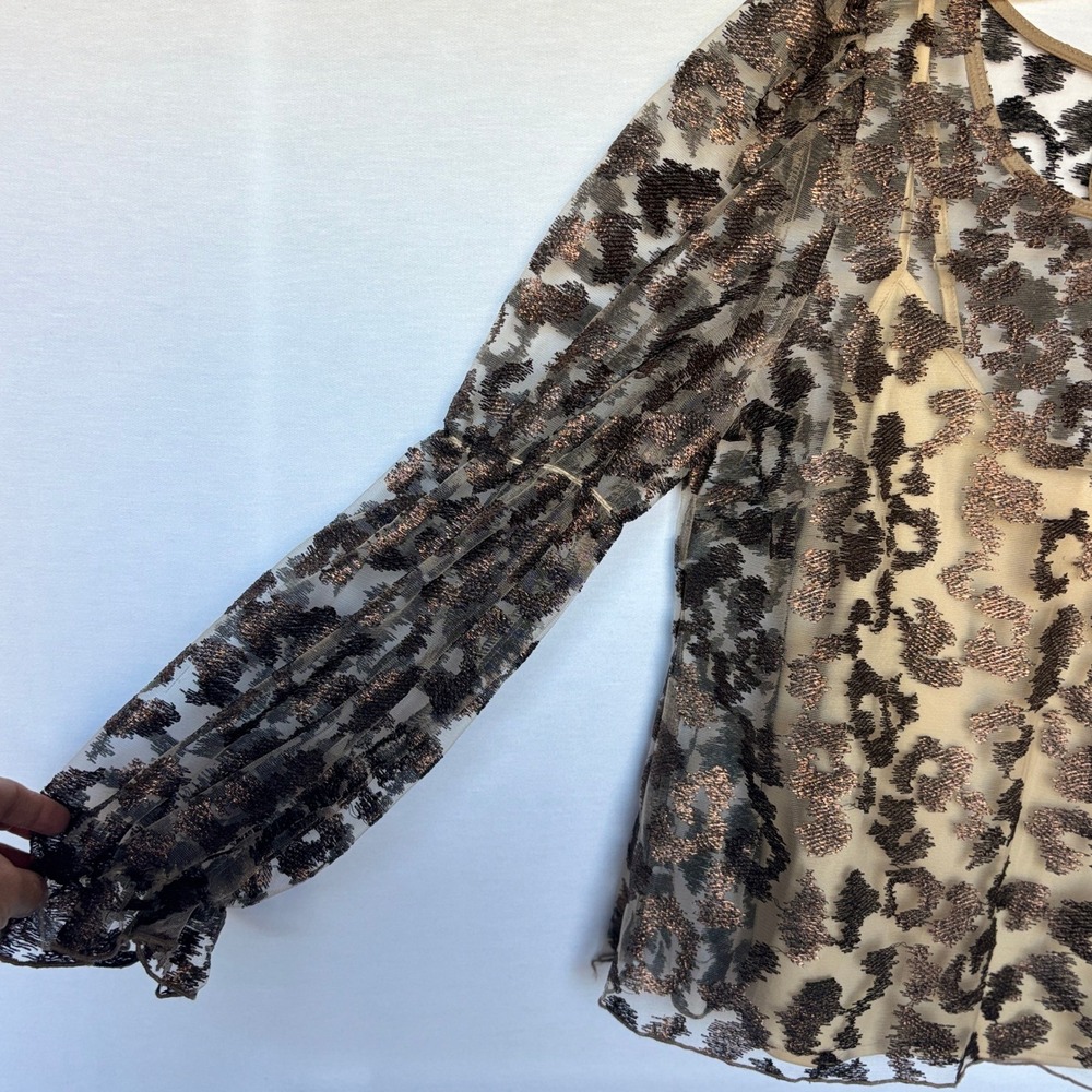 Eva Franco Leopard Mesh Puff Sleeve Top Womens Medium Sheer Statement Blouse - Picture 4 of 16